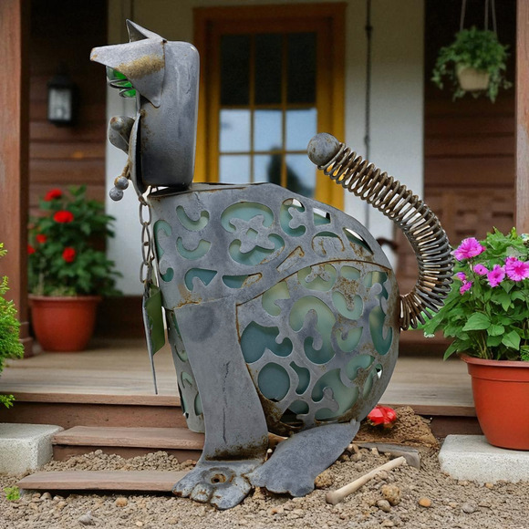 Rustic Metal Cat Sculpture Welcome Folk Art Yard Home Decor Whimsical READ - Picture 4 of 11
